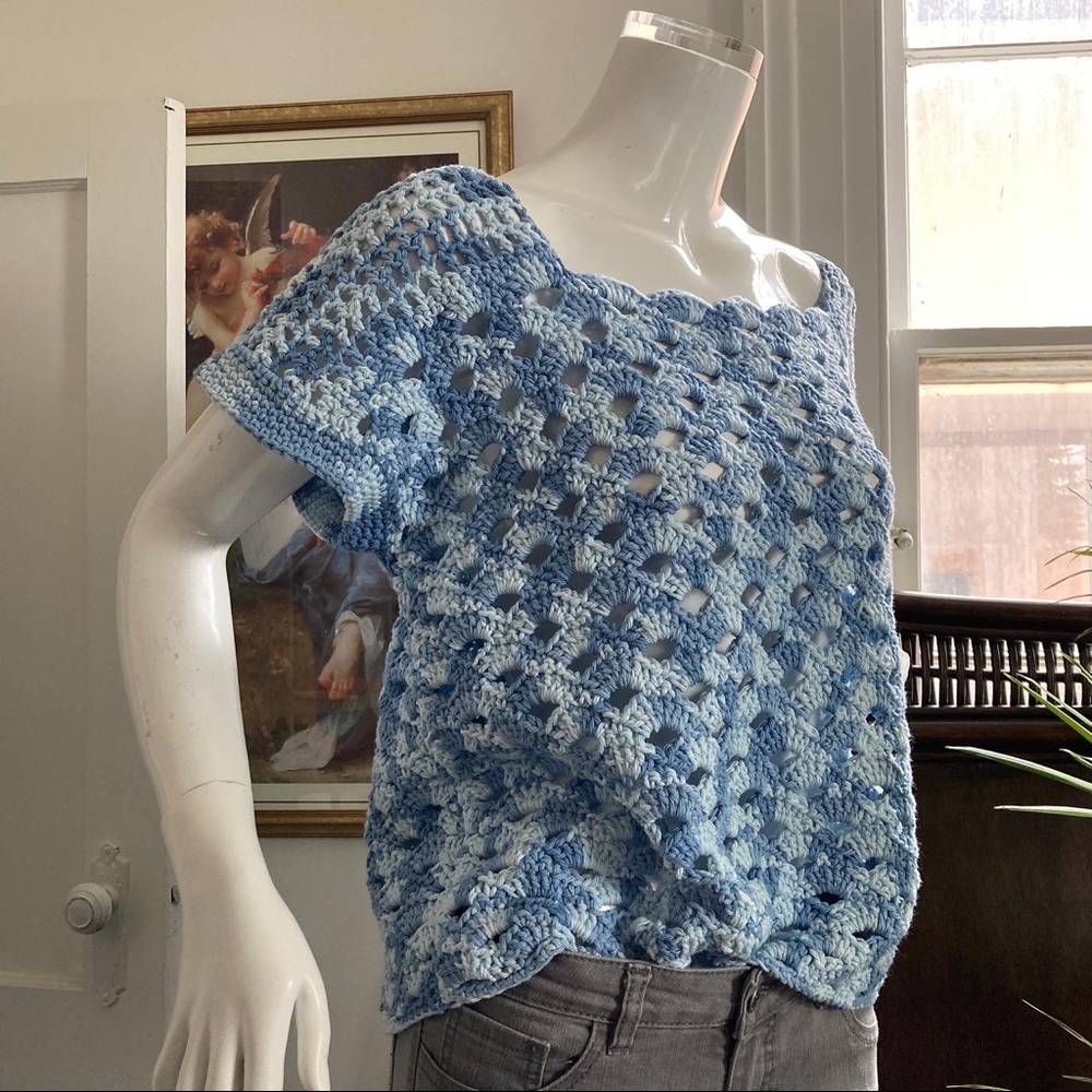 HANDMADE knit crochet top in shades of blue